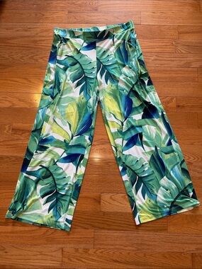 Tropical Leaf Print Wide Leg Pants - Green Blue
